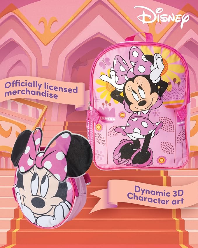 Fast Forward Minnie Mouse Kids Backpack and Lunch Box Set - 14" Girls Backpack with Lunch Box for Preschool and Kindergarten, Minnie Pink