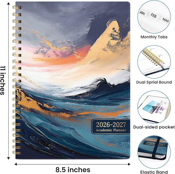 Academic Planner 2026-2027, Weekly and Monthly Calendar Book, July 2026 – June 2027, Hardcover Planner with Tabs, Perfect for Teachers, Students, Women & Men, A4 (8.5" x 11") - Abstract
