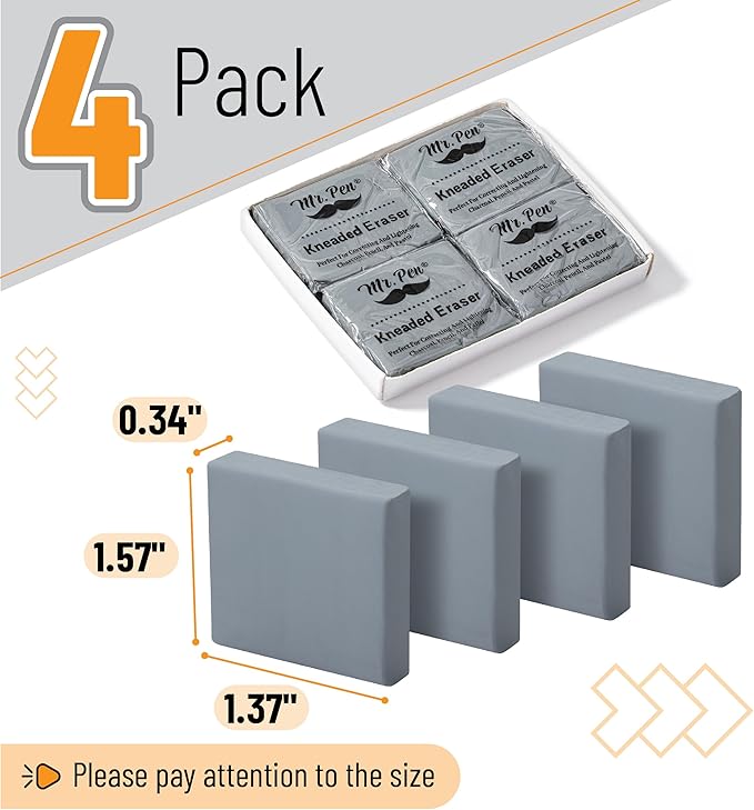 Mr. Pen- Kneaded Erasers, 1.57" x 1.37", 4 Pack, Gray, Soft Moldable Art Erasers for Charcoal, Graphite & Pastel Drawing, Precision Highlighting, Smudge Control, Easy Shaping for Artists & Students
