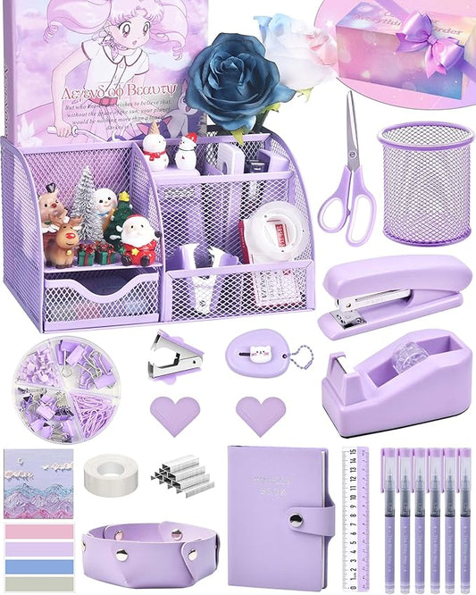 Purple Desk Accessories, 26Pcs Office Supplies and Desk Organizers, with Tape Dispenser, Stapler, Staple Remover Ect, Gift Box Packaging