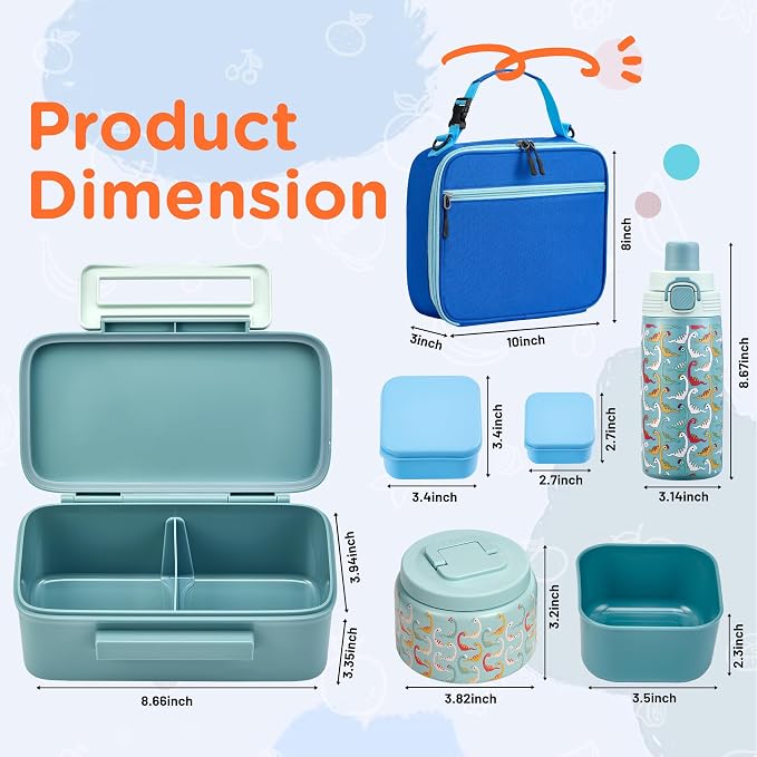 MAISON HUIS Bento Box for Kids with 8oz Soup Thermo, Insulated Lunch Bag & 17oz Water Bottle, 2-Compartment Bento Box with Built-In Ice Pack, Leak-Proof & BPA-Free