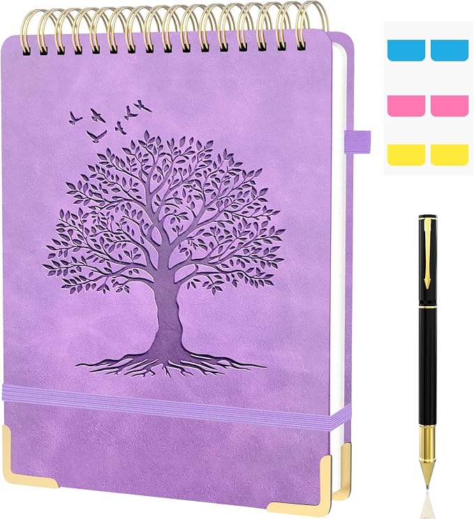 Mousbull A4 Top Spiral Notebook, Tree Pattern Large Leather Hardcover Left Handed Journal, 240 Pages 100 Gsm Lined Paper Top Bound Steno Pads for Work, School, Travel Writing - Purple, 8.5" x 11"