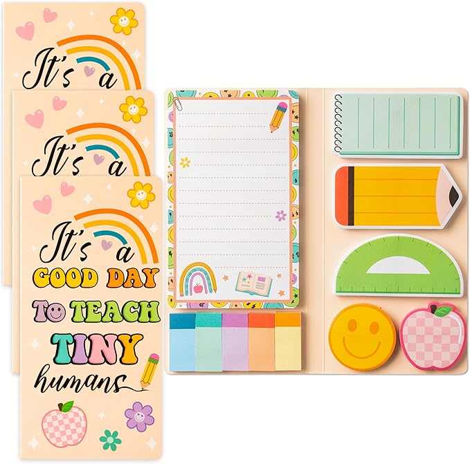 B1ykin Retro Teacher Sticky Notes Set - A Good Day to Teach Tiny Humans Self-Stick Notes Pad, 550 Sheets Writing Memo Pages Sticky Notepad for Teacher Appreciation Gifts, School Office Supplies (3Pcs)