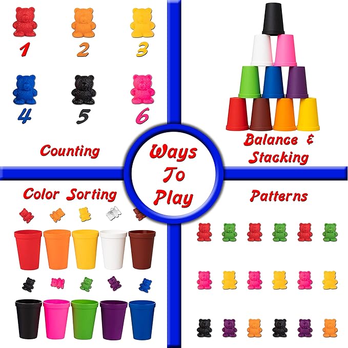 Driddle Colorful Counting Bears with Matching Cups - 100 Bears - Sort, Count & Color Recognition Learning Toy for Toddler & Kids - Montessori Education - Preschool Game