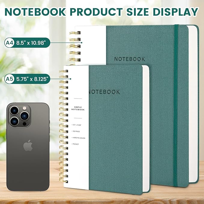 Spiral Notebook - 8.5 x 10.98 Inch Large Hard Cover Notebook with Elastic Band & Pocket, 252 Pages, Lay Flat Wirebound Journal for Work, School, Planning & Note Taking Green
