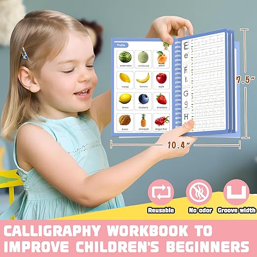 Grooved - 4 children's magic copybooks, Four-in-one pink pencil case set, magic grooved writing practice for kids, magic disappearing writing practice, grooved handwriting practice for kids.