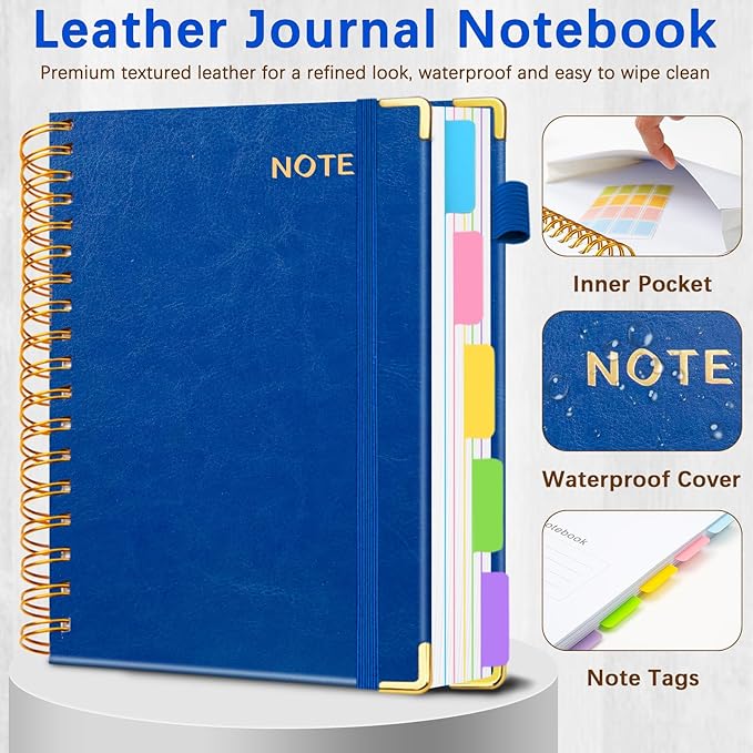Hardcover Spiral Notebooks for Work 8''x 10'', 300 Pages 5 Subject Notebook with Dividers & Tabs, B5 Spiral Journal for Women, College Ruled Notebooks for School Note-Taking (Lake Blue)