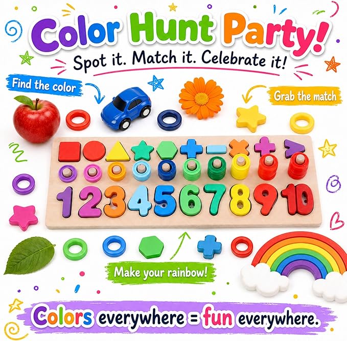 GeroCrew Wooden Montessori Toys for Kids Toddler Number Puzzles Sorter Counting Shape Stacker Stacking Game Preschool Toys for Boy Girl Learning Education Math Blocks Year Old Girl Gifts (Rainbow)