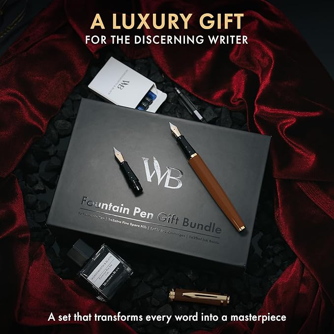 Wordsworth & Black Fountain Pen Set, 18K Gilded Medium and Extra Fine Nib, 25ML Black Bottle, 6 Ink Cartridges, Refill Converter, Smooth Writing Pens [Brown Gold], Gift Set for Men and Women