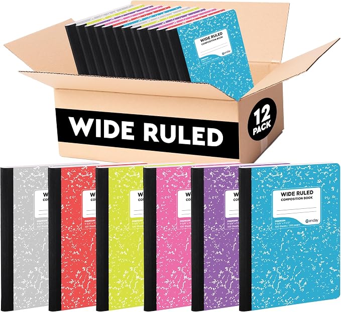 Enday Composition Notebook Wide Ruled (12 Pack, Assorted Colors) Hard Cover Marble Composition Notebook, 100 Sheets