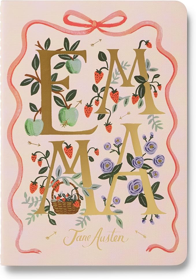 RIFLE PAPER CO. Assorted Set of 3 Jane Austen Notebooks, 8.5" L x 6" W, Set Of 3, 64 Ruled Pages With Gold Ink, Full-Color Die-Cut Canvas Cover With White Text Paper Interior