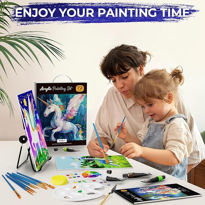 Nicpro 72PCS Kids Painting Set with Pattern Canvas, Art Painting Supplies Kit with 24 Acrylic Paints,10 Brushes, 8 Canvas Panels,Table Easel,Paper Pad,Color Wheel,Palette for Beginner Students