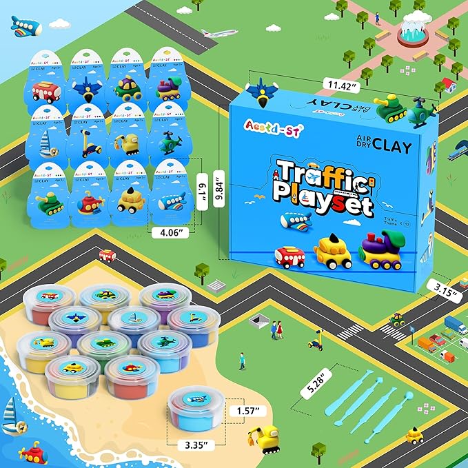 Air Dry Clay Kit -Traffic Theme, Modeling Clay for Kids, DIY Model Magic Clay with Sculpting Tools and Tutorials, 12 Boxes Molding Clay, Ultra Light, Soft & Non-Sticky, Arts and Crafts Gift for Kids