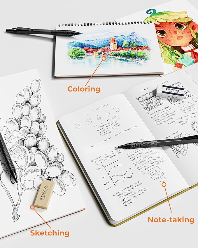 STAGEEK Metal Mechanical Pencil Set in Leather Case, 5PCS Art Drafting Pencil 0.3, 0.5, 0.7, 0.9 & 2mm Lead Holder, 9 Tube (4B 2B HB 2H Colors) Lead Refills for Drawing, Sketching, Writing (Black)