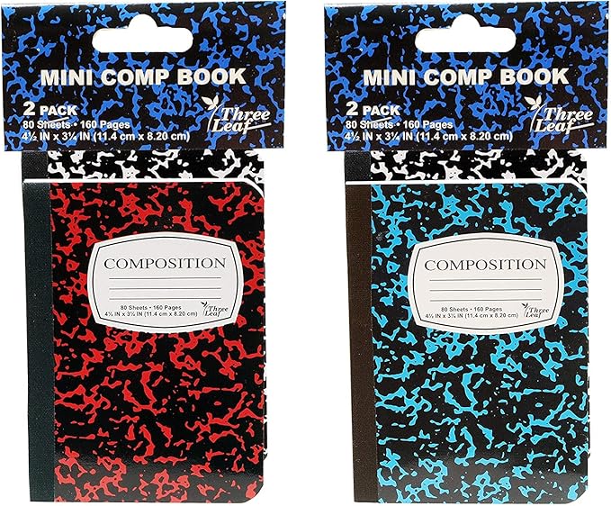 4-Pack Mini Marble Composition Notebooks, 4-1/2" x 3-1/4", College Ruled, 80 Sheet (160 Pages) - Colors: Red, Green, Yellow, Blue, Black. (4-Pack, Random Colors)