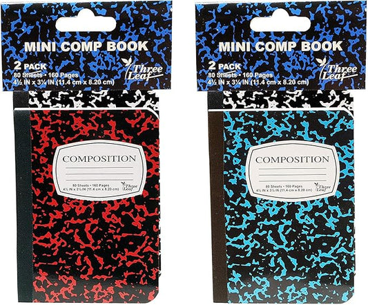 4-Pack Mini Marble Composition Notebooks, 4-1/2" x 3-1/4", College Ruled, 80 Sheet (160 Pages) - Colors: Red, Green, Yellow, Blue, Black. (4-Pack, Random Colors)