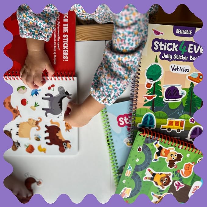 Stick4Ever Jelly Sticker Book - for Kids - Waterproof, Easy to Clean Reusable Sticker Book for Toddlers- Reusable Road Trip Activities for Kids - Stocking Stuffers for Toddlers (Farm)