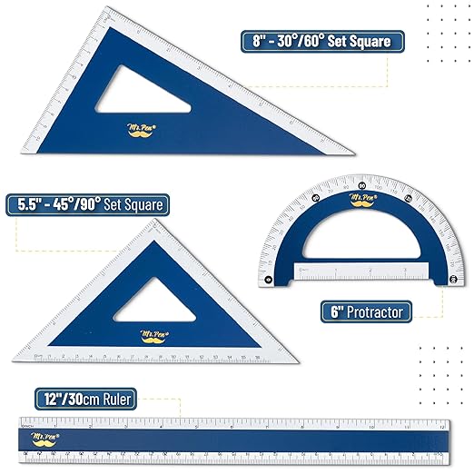 Mr. Pen- Wooden Geometry Set, 4 Pack, 8" 30°/60° Set Square, 5.5" 45°/90° Set Square, 6" Protractor & 12" Ruler for Classroom Use, Math, Drafting, Technical Drawing & Architecture
