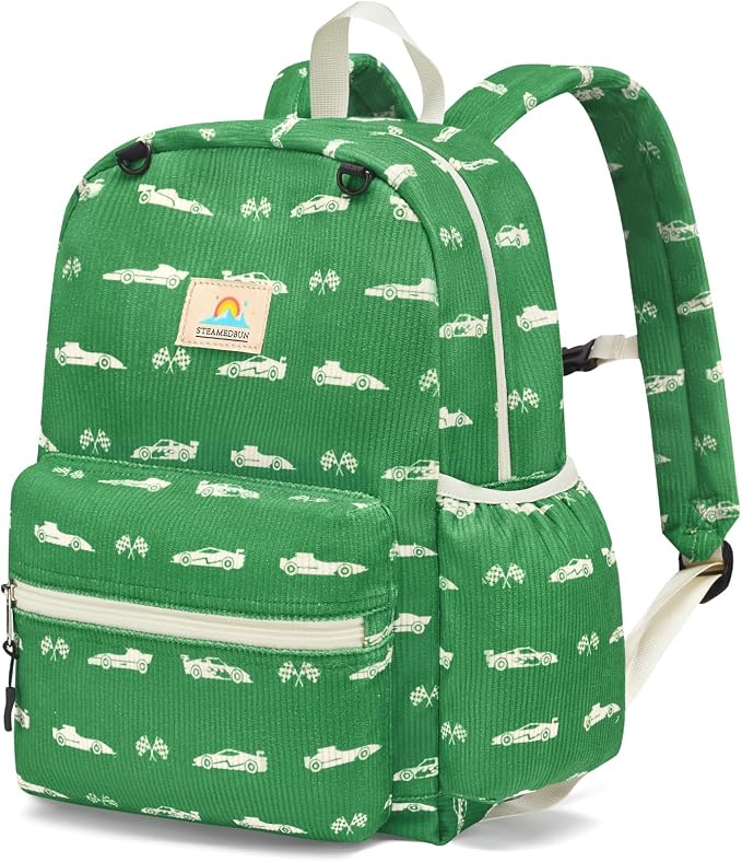 STEAMEDBUN Corduroy Kids Backpack for Girls and Boys 5-8: Girls Backpack for Elementary Kindergarten - 15 inch Cute Backpacks for Kids - Green Racing