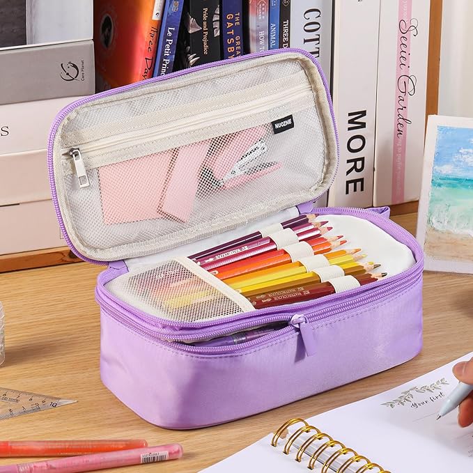 Large Pencil Case,Big Capacity Pencil Pouch,Personalized Initial Pencil Bag with smooth zipper,Multiple Pockets,Cute Aesthetic Stationery Pen Case Bag for Teen Girls College (Blue, D)