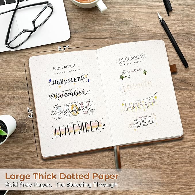 Dotted Journal, Hardcover Notebook, Dot Grid Notebook Journal for Women, Men, Large Leather Journals for Writing, Bullet, No Bleed Thick Paper, A5 Notebooks for Work, School, Notes, 5.7"x8.5", Brown