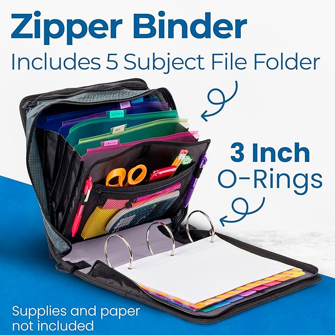 Case-it Mighty Zip Tab School Zipper Binder | 3-Inch O-Rings, 600-Sheet Capacity, 5-Subject Expanding File Folder, Multiple Pockets & Storage Organizer, Shoulder Strap | D-146 Warm Gray