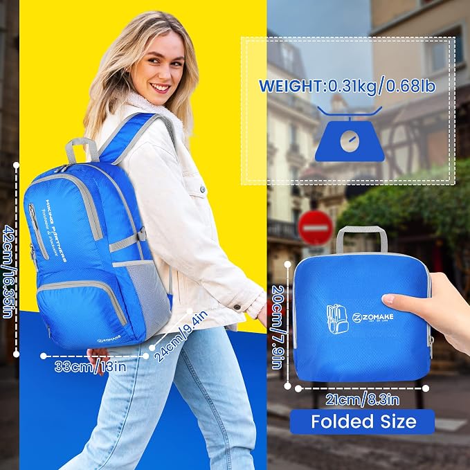 ZOMAKE Lightweight Packable Backpack, 35L Foldable Daypack (Dark Blue) | Light Hiking Backpacks Water Resistant Collapsible Day Pack for Travel, Everyday Carry, Multi-Pocket Layout, Heavy Duty Nylon