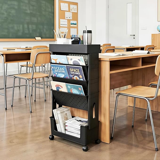 5-Tier Mobile Bookshelf, Rolling Bookcase Book Storage Rack, Movable File Folder Organizer Cart with Wheels for Home Study Office Living Room Classroom, Black