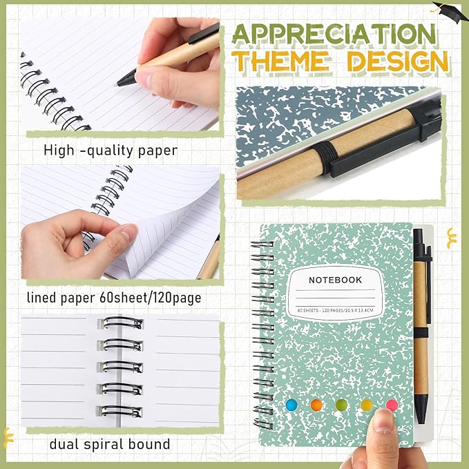 Dunzoom 24 Sets Spiral Notebook Bulk, Steno Pads Lined Notepad with Pen, Sticky Notes Colored Index Tabs, 5.2" x 4.1" Pocket Notebook for Home Business Office Supplies, 60 Sheets (Macaron)