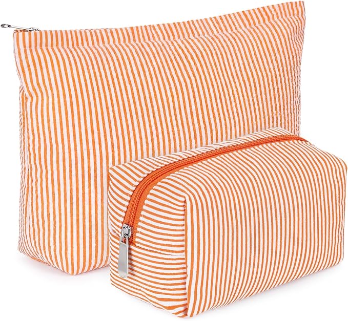 Huhumy 2 Pcs Makeup Bag Set for Women, Orange, Thin Striped Seersucker | Cute Cosmetic Pouch Women Travel Toiletry Bag Preppy Small Makeup Purse Pouch Aesthetic Skincare Brushes Storage Organizer