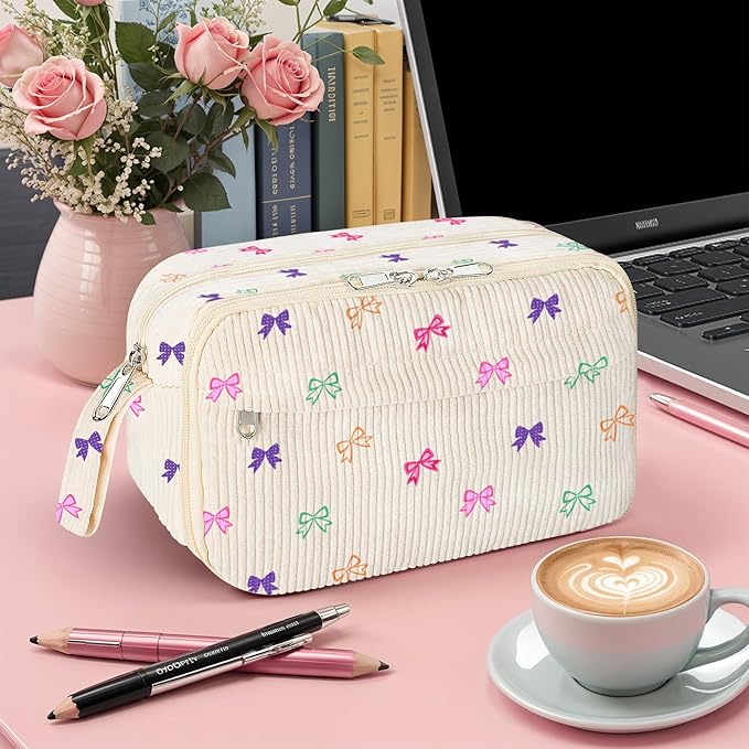 WOBAGMEN Cute Pencil Case,Large Corduroy Zippered Pencil Case Pouch, aesthetic Pencil Bag with Compartments, Pencil Pouch School Supplies (HY-corduroy pc-coloful bow)