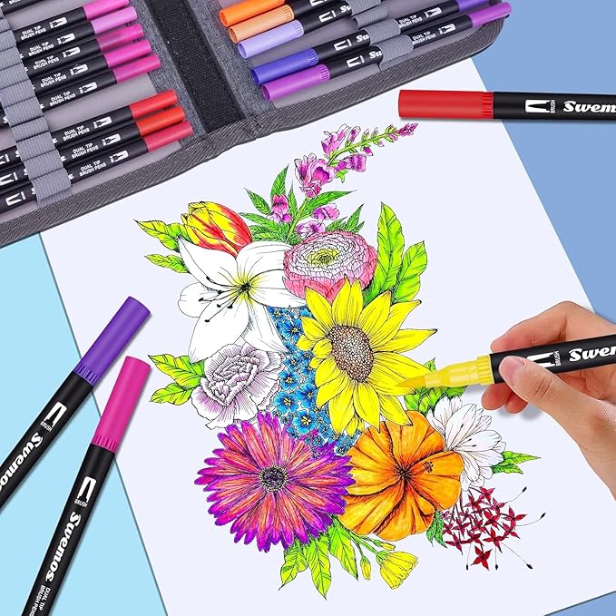Swemos Markers for Adult Coloring Book, 72 Colors Art Markers Set Dual Tip Brush Pen, Coloring Markers Fine Point Artist Drawing Paintings Diaries Journaling Art projects Art Supplies with Case