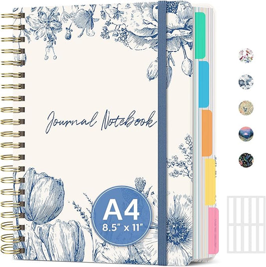 Large Lined Spiral Journal for Women Cute Hardcover 5 Subject Notebook for Work 8.5" x 11" with Removable Dividers & Tabs, College Ruled, 280 Pages Aesthetic Journal for Work, School & Note Taking, Blue Elegance