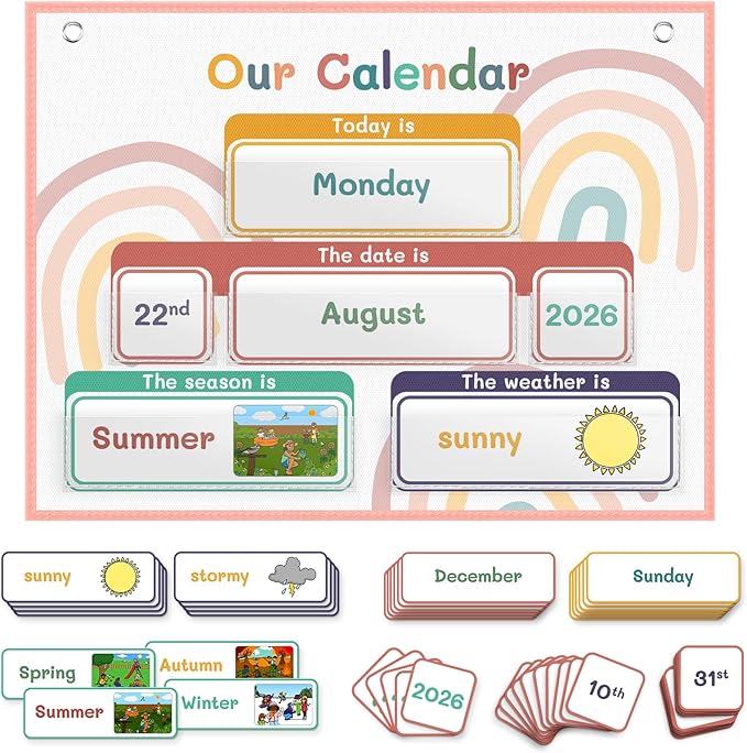 AKAYOK Classroom Calendar Pocket Chart with 70 Cards - Circle Time Calendar 2024-2028 with 2 Storage Pockets, Kids Calendar Perfect for Preschool and Homeschool Learning