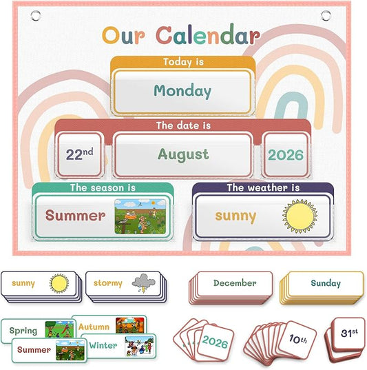 AKAYOK Classroom Calendar Pocket Chart with 70 Cards - Circle Time Calendar 2024-2028 with 2 Storage Pockets, Kids Calendar Perfect for Preschool and Homeschool Learning