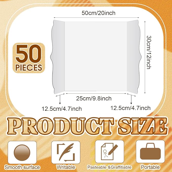50 Pcs 12 x 20 Inch Trifold Poster Board Bulk Corrugated Science Fair Project Board Display White Presentation Paperboard Trifold Display Paperboard for School Project Business Presentation