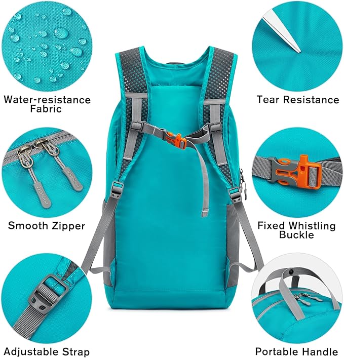 G4Free 25L Lightweight Hiking Backpack Packable Foldable Sport Travel Daypack Water Resistant for Women Men（Peacock Blue）