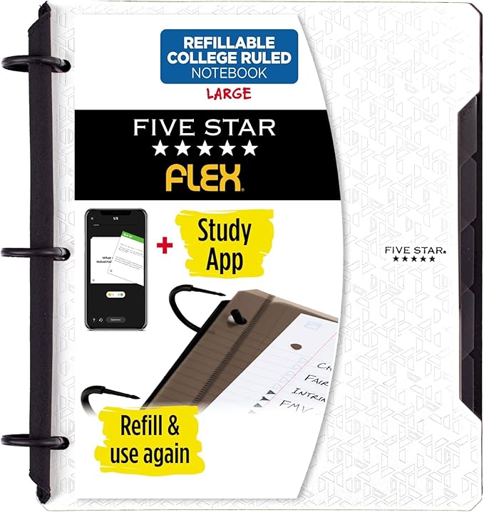 Five Star Flex Refillable Notebook + Study App,College Ruled Paper and 1 Inch TechLock Ring Binder with Pockets,Tabs and Dividers,200 Sheet Capacity,White (29328AE2), 1 Count (Pack of 6)