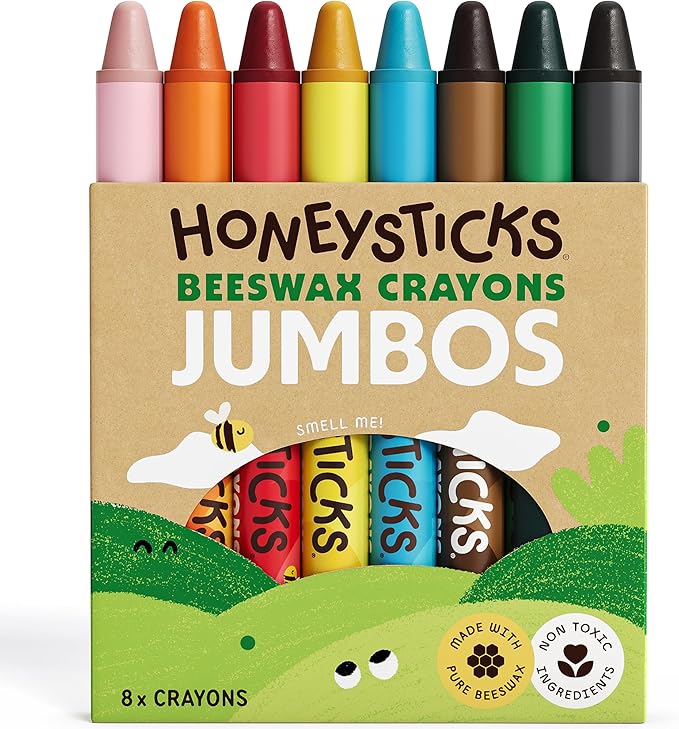Honeysticks Jumbo Crayons (8 Pack) - Non Toxic Crayons - 100% Pure Beeswax and Food Grade Colors - 8 Bright Colors - Large, Easy to Hold and Use - Preschool Art Supplies for Toddlers/Kids 3-5, 4-8