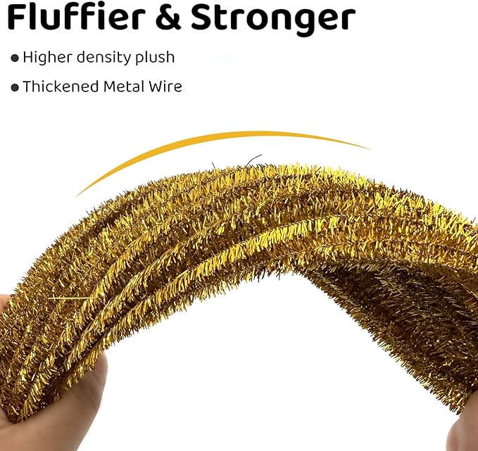Gold Pipe Cleaners,Glitter Gold Craft Pipe Cleaners,200pcs Supplies for Home DIY Handmade Arts,Arts and Crafts for Kids Ages 6-8,Glitter Pipe Cleaners for Festivals DIY Decorations,Christmas Decor