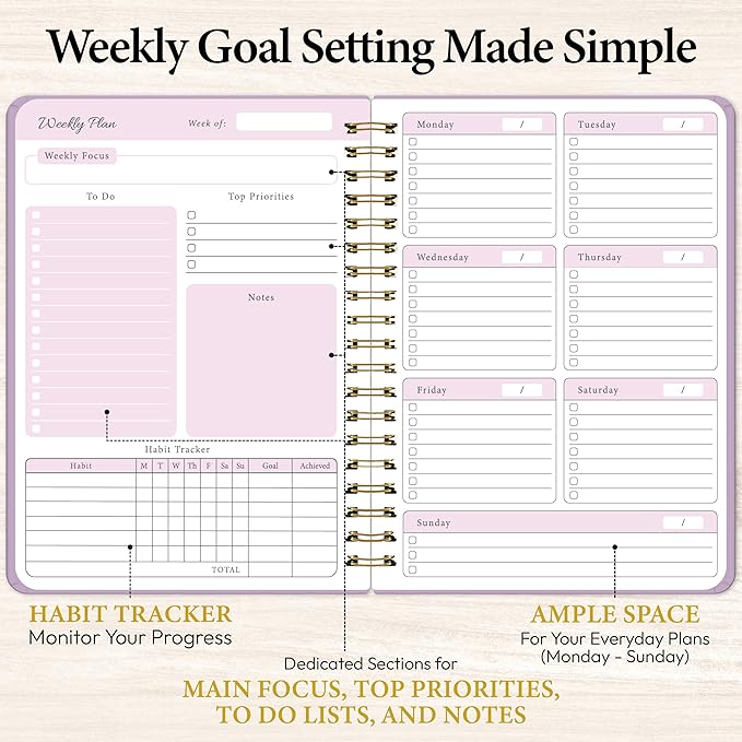 Undated Weekly Planner & Notebook for Work, School & Home — Aesthetic Hardcover Spiral Blank Planner with Habit Tracker, Goal Organizer & To Do List—124 No-Bleed Pages, 6.4×8.5", Purple