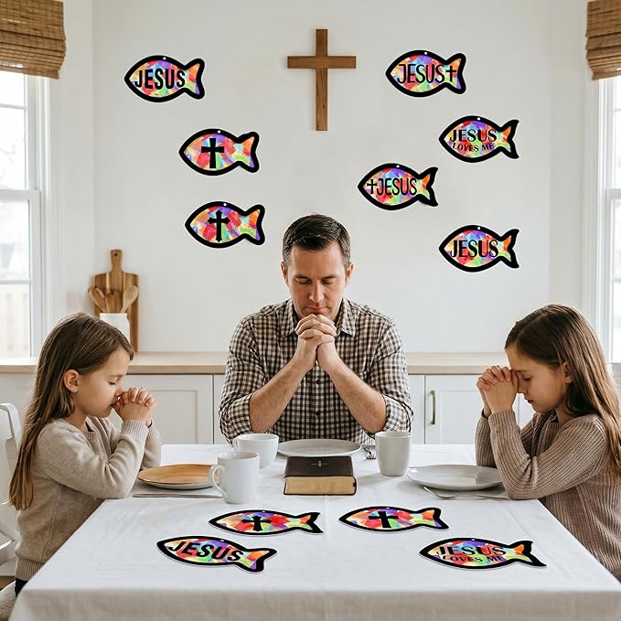 48PCS Sunday School VBS Crafts Bulk: Paper Jesus Fish Nativity Suncatchers, Religious Christian Activity DIY Kits Church Decorations, Window Stained Glass Effect Art Supplies
