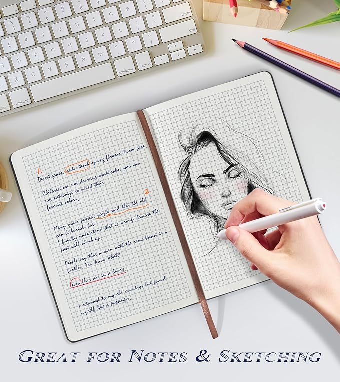 Biuwory Graph Paper Notebook Journal for Women Men,140 Pages Hardcover Grid Notebooks for Work & School,Leather Journals for Writing, Graphing Paper Notebook 5.7"×8.3" (Black)