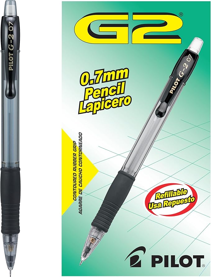 Pilot G2 0.7 Mechanical Pencils with Erasers, 0.7mm HB Lead, Black Accents, Mechanical Pencils Bulk Pack of 12