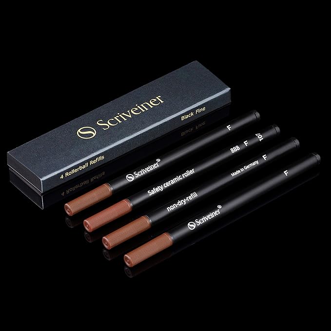 Scriveiner Rollerball Refill Black Fine - 4 Rollerball Refills Designed for Scriveiner Pens - Safety Ceramic Non Dry Roller Pen Refill F - Schmidt 888 Size – Made in Germany