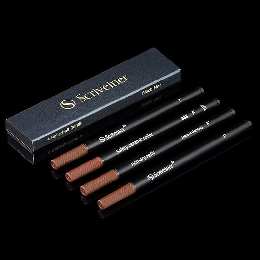 Scriveiner Rollerball Refill Black Fine - 4 Rollerball Refills Designed for Scriveiner Pens - Safety Ceramic Non Dry Roller Pen Refill F - Schmidt 888 Size – Made in Germany