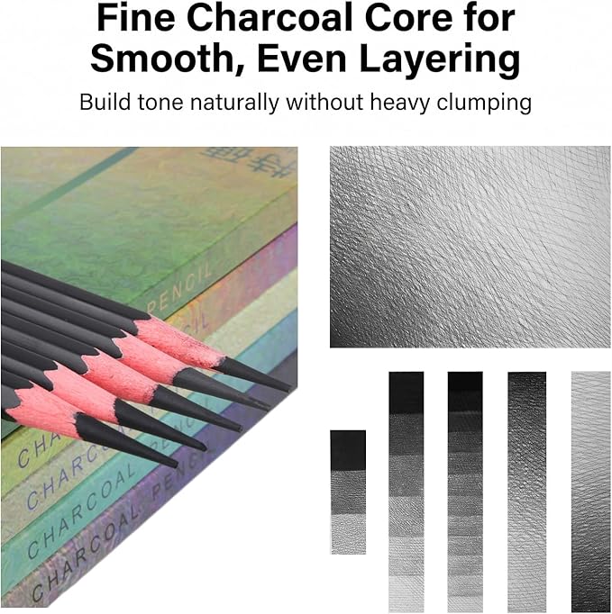 Marie's Charcoal Pencils for Drawing, 10 Pieces, Extra Hard Hard Medium Soft Extra Soft, Sketching Pencils for Artists, Smooth Charcoal Core for Layering, Blending and Detailed Artwork(Extra Soft)