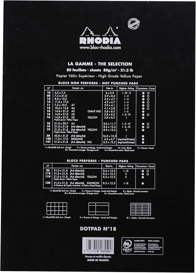 Rhodia Head Stapled Pad, No18 A4, Dot - Black ("8 1/4"" x 11 3/4""") (18559C)