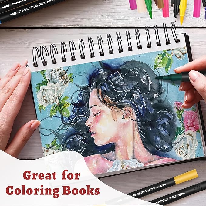 Piochoo Coloring Markers Pens, 34 Dual Tip Brush Pens, Fine Point Marker set for Adult Coloring Book, Bullet Journaling, Drawing