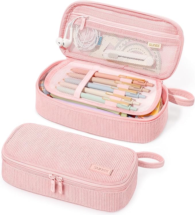 SUNEE Cute Pencil Case, Large Capacity Pencil Pouch Aesthetic Zipper Pencil Bag, Big Storage Pen Organizer for Stationery, Soft Corduroy Pencil Box Back to School Supplies for Teen Girls Boys, Pink